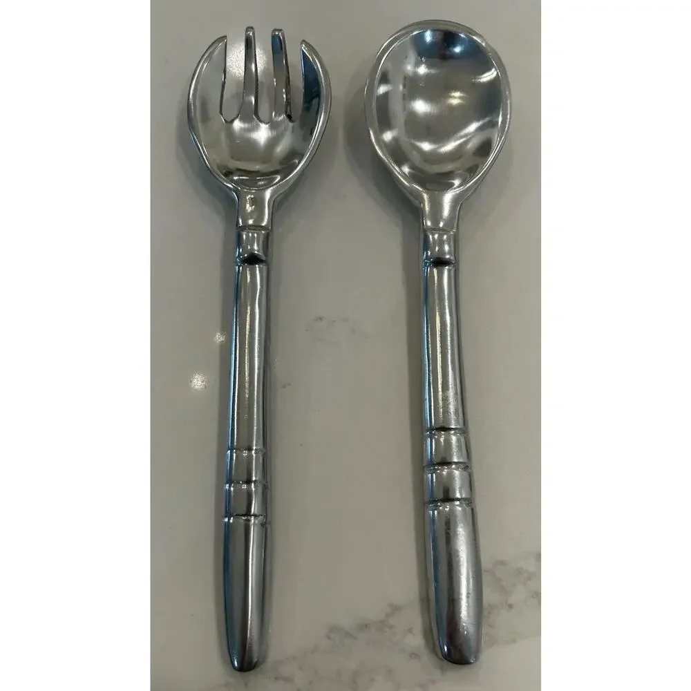 Pewter Salad Serving Set Spoon & Fork with Fluted Handles 9” Flatware made India